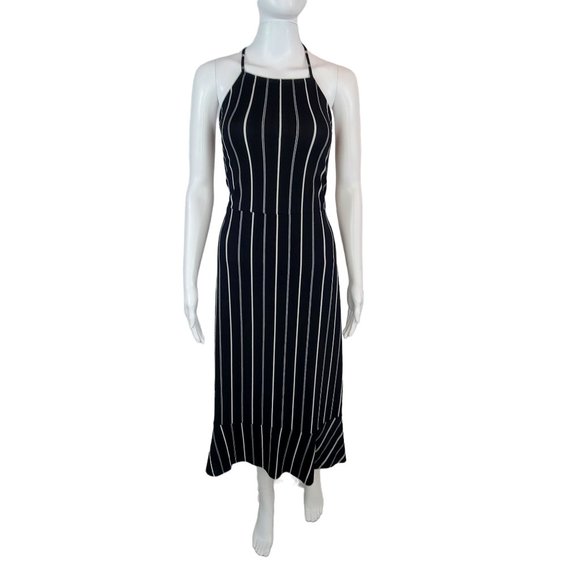 Express Black & White Striped Spaghetti Strap Halter Midi Ruffle Dress Sz L - Picture 1 of 7